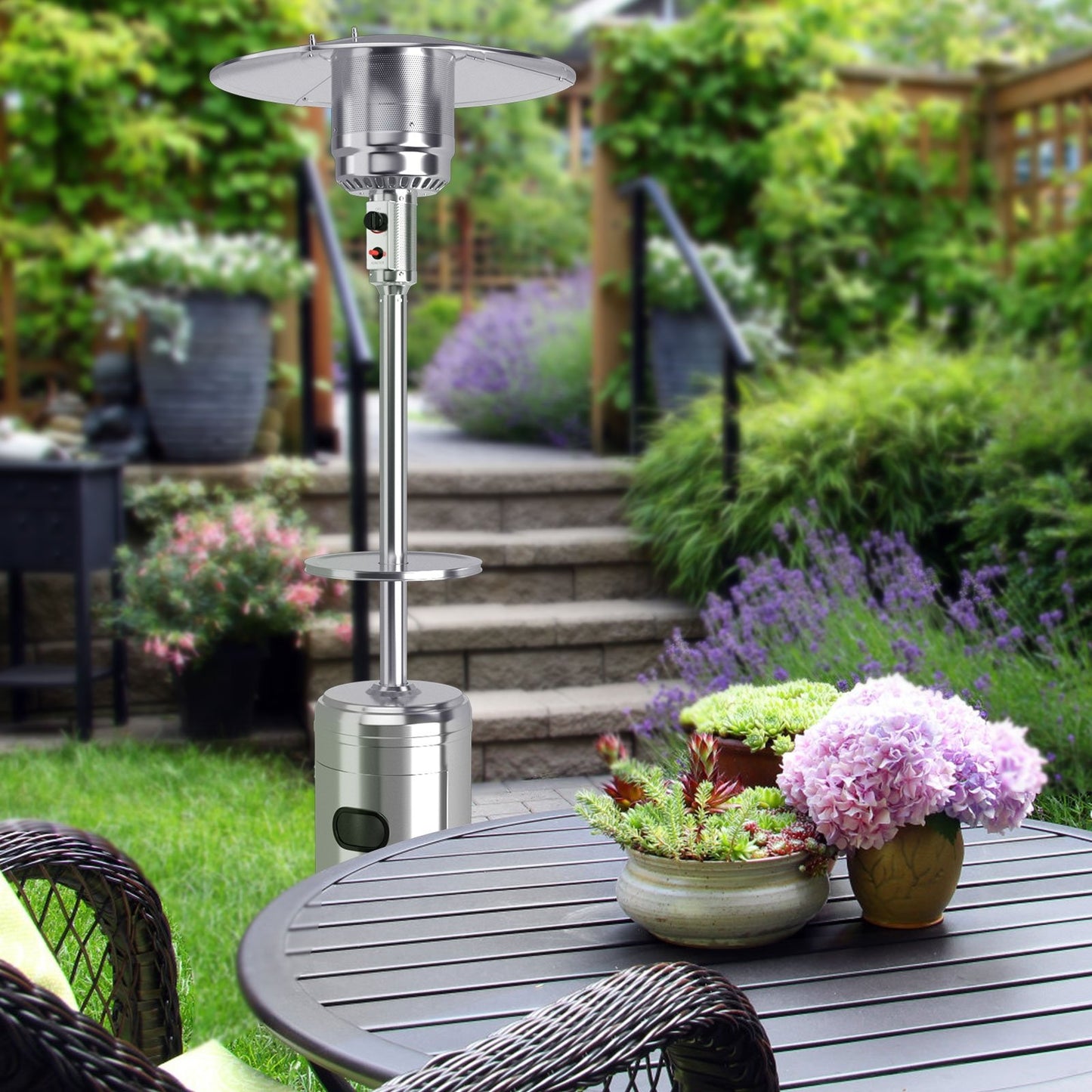 Outdoor Heater Propane Standing LP Gas Steel with Table and Wheels, Silver at Gallery Canada