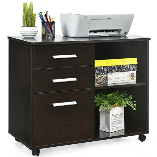 3-Drawer Mobile Lateral File Cabinet Printer Stand, Dark Brown