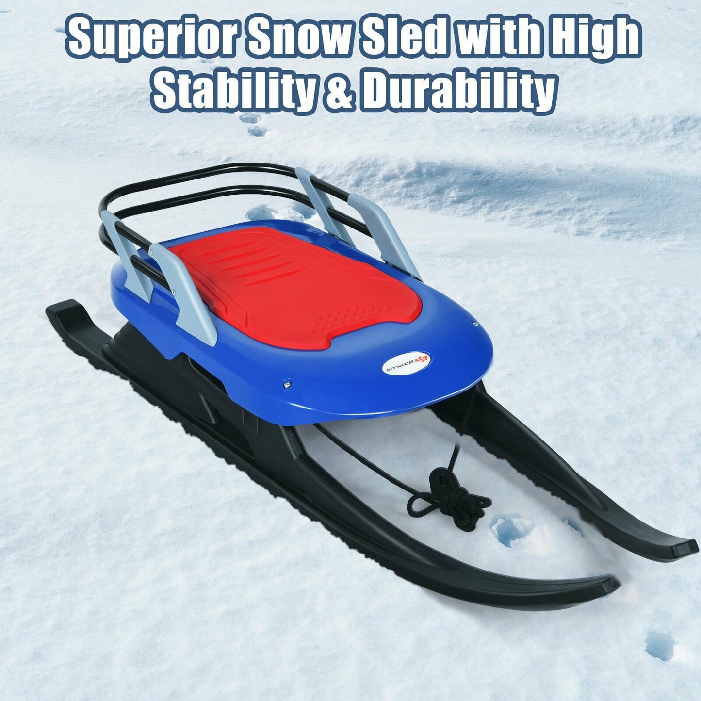 Folding Kids' Metal Snow Sled with Pull Rope Snow Slider and Leather Seat, Blue