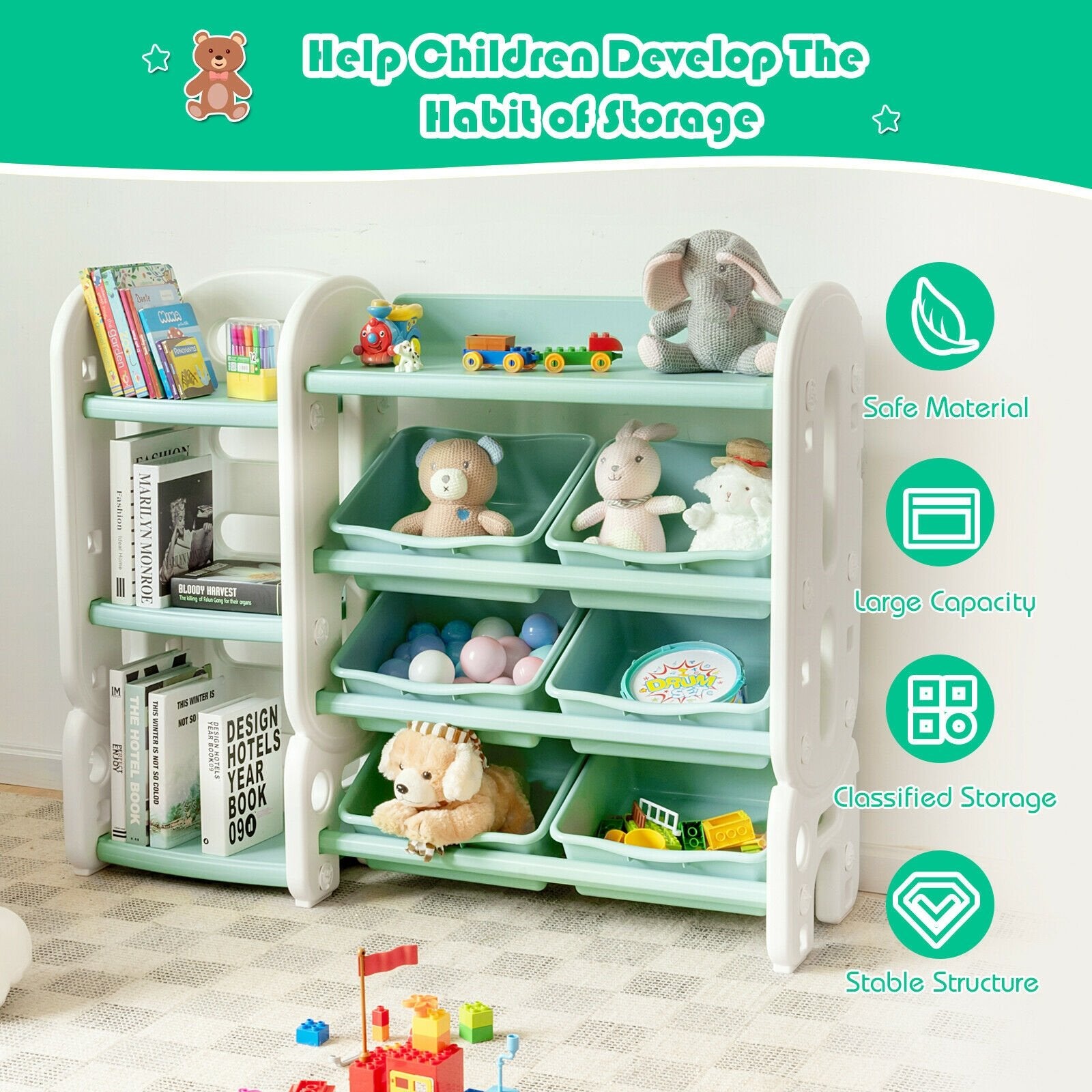 Kids Toy Storage Organizer with Bins and Multi-Layer Shelf for Bedroom Playroom, Green at Gallery Canada