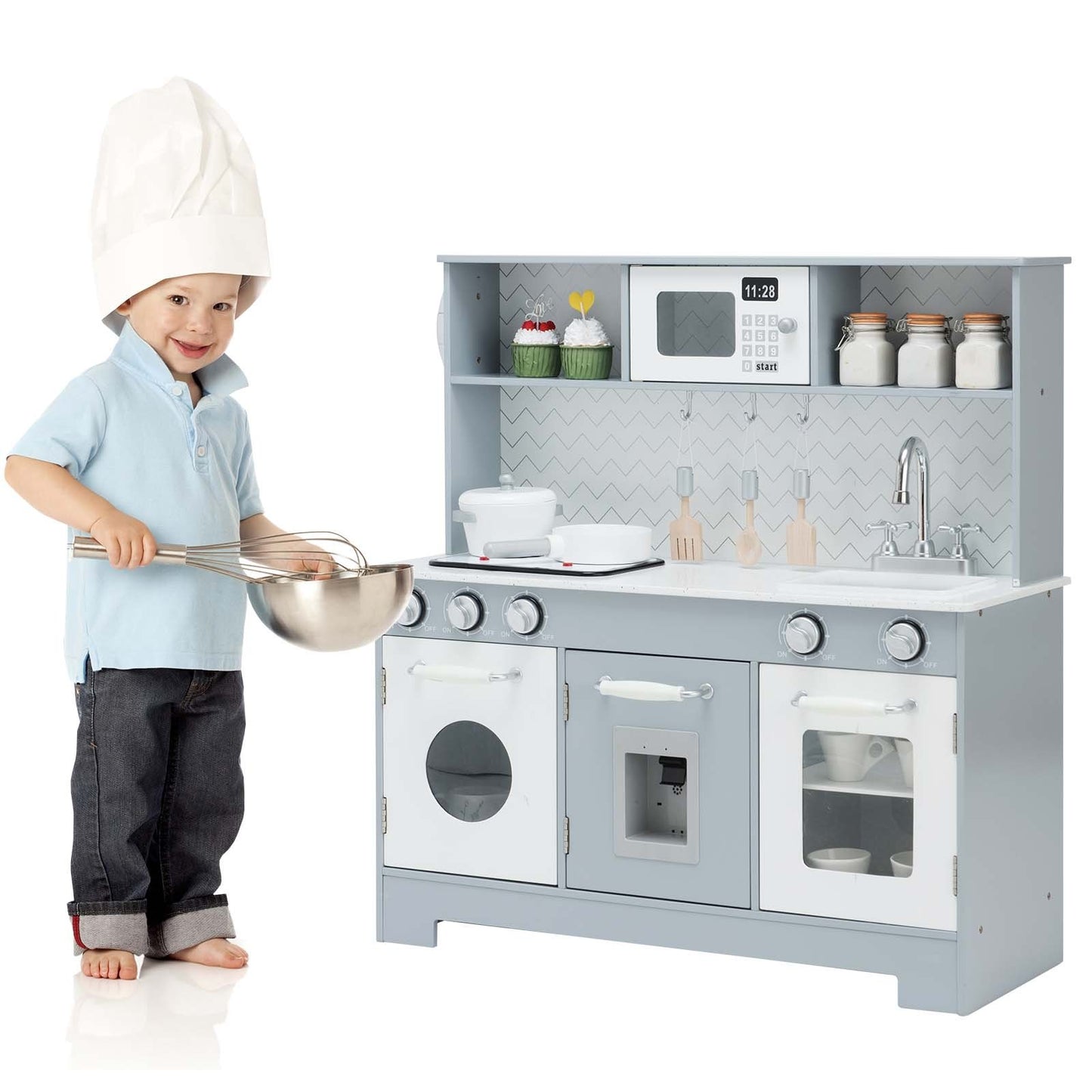 Pretend Play Kitchen Wooden Toy Set for Kids with Realistic Light and Sound, Gray & White at Gallery Canada