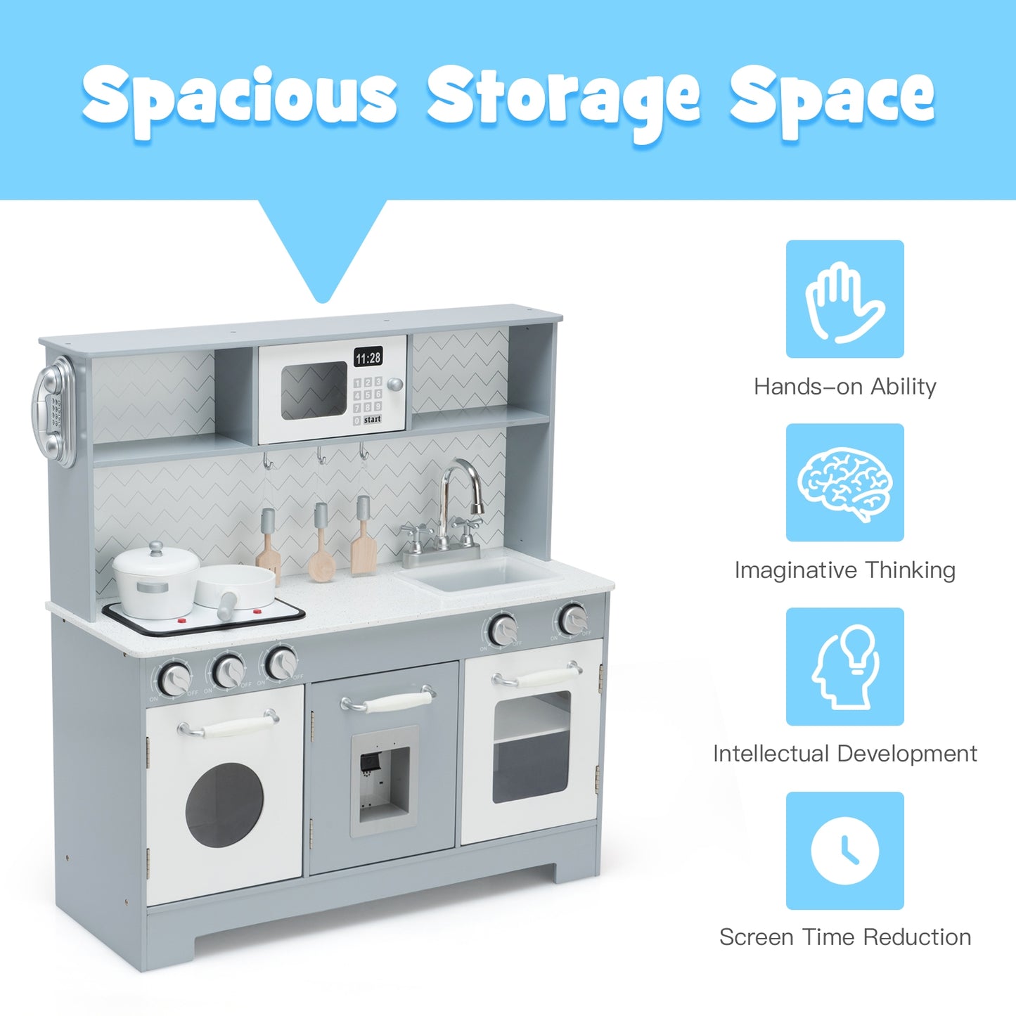 Wooden Toy Kitchen Set With Light And Sound, White, Gray Play Kitchen Sets at Gallery Canada