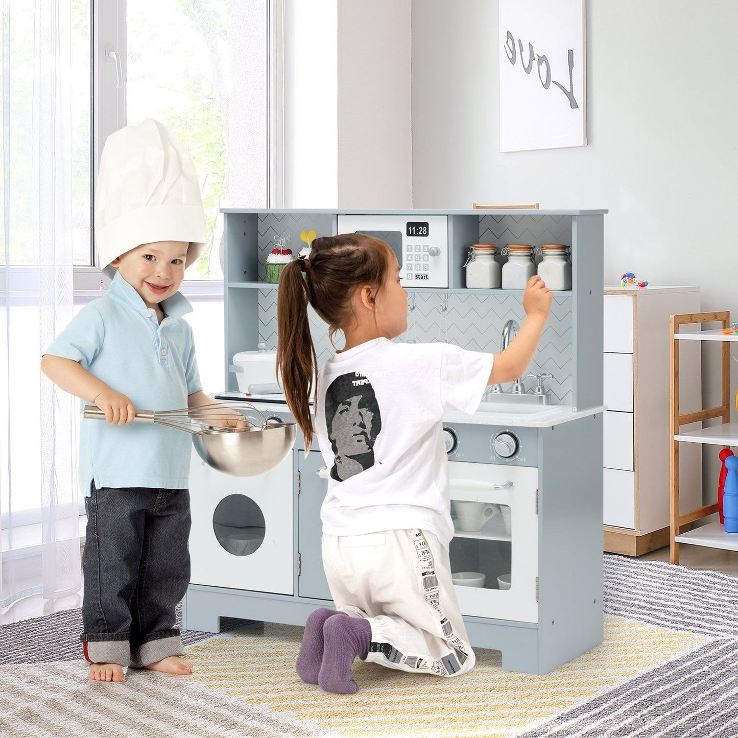 Pretend Play Kitchen Wooden Toy Set for Kids with Realistic Light and Sound, Gray & White at Gallery Canada