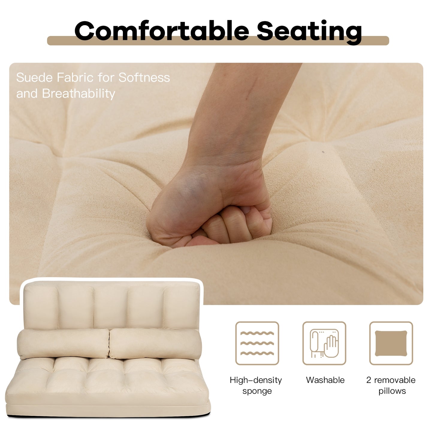 Foldable 6-Position Adjustable Lounge Couch, Beige Floor Chairs at Gallery Canada