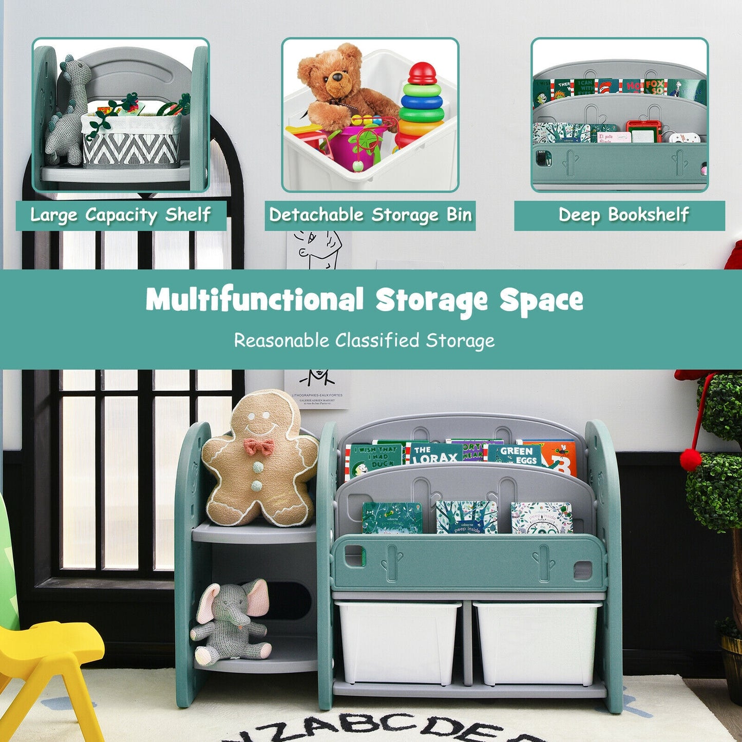 Kids Toy Storage Organizer, 2-Tier Bookshelf, Plastic Bins, Green Kids Storage at Gallery Canada