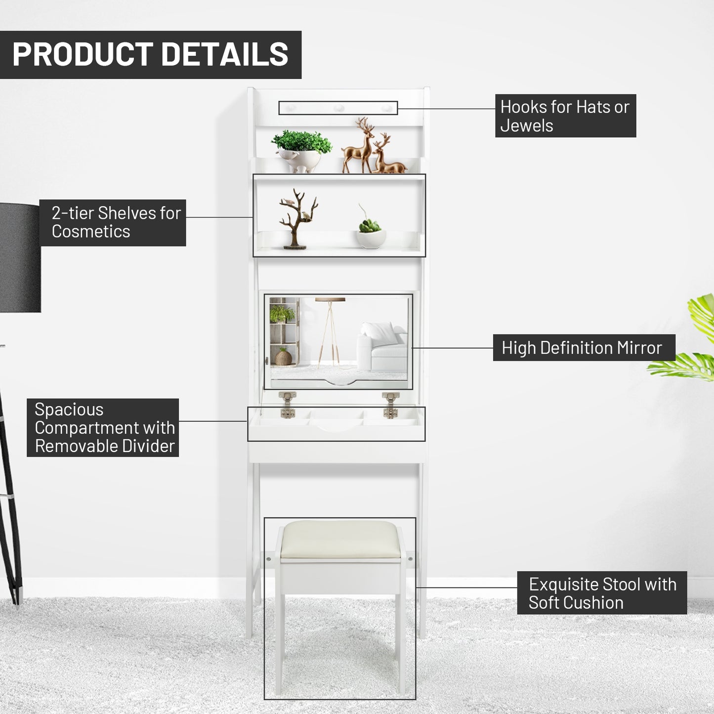 Modern 3-In-1 Vanity Set With Flip Top Mirror, 6 Makeup Organizers, White Makeup Vanities at Gallery Canada