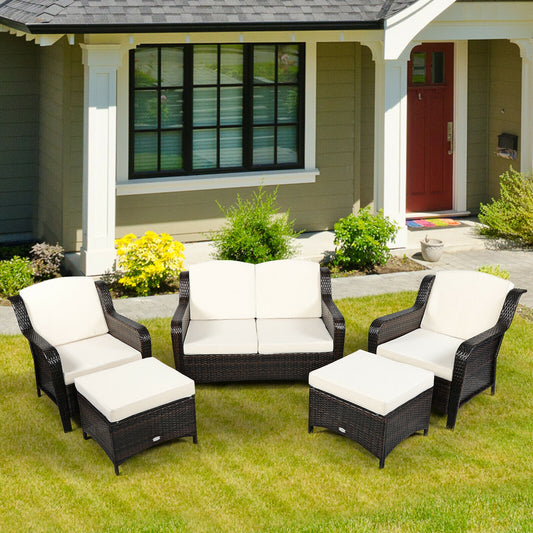 5 Piece Patio Rattan Sofa Set With Cushion, Ottoman, Off White