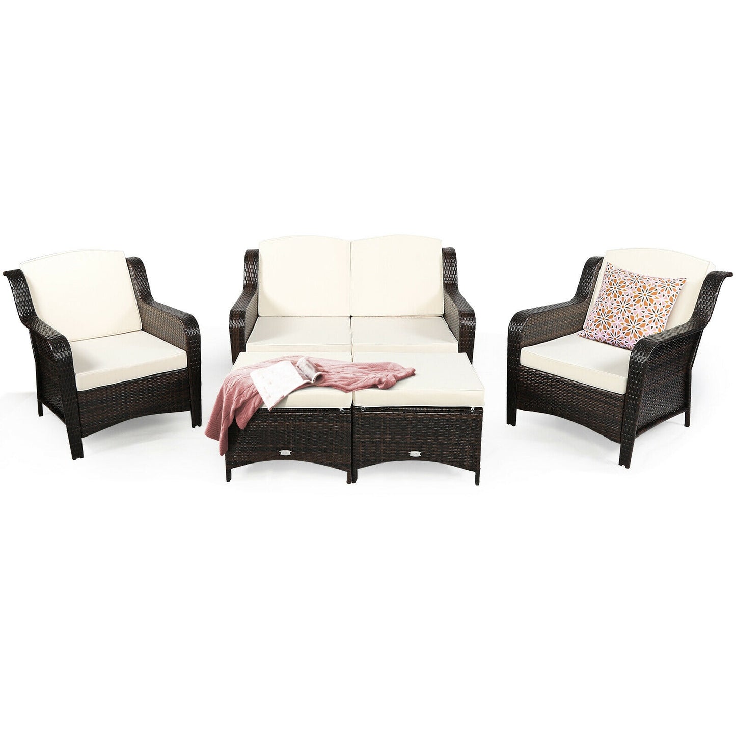 5 Pieces Patio Rattan Sofa Set with Cushion and Ottoman, Off White Outdoor Sectionals at Gallery Canada