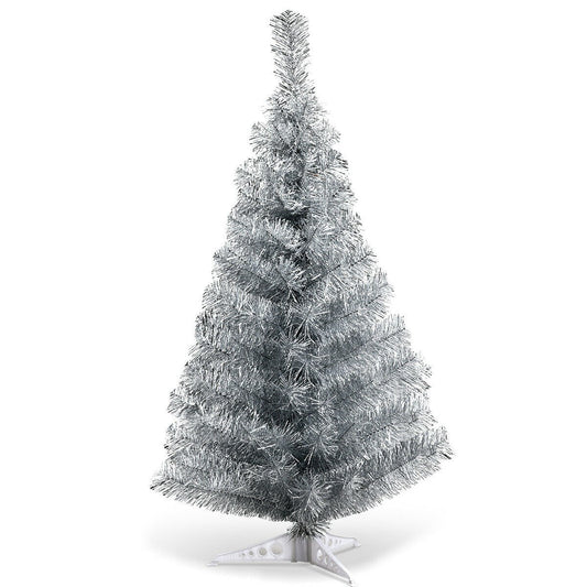 3 Feet Silver Tinsel Christmas Tree with Plastic Stand, Silver