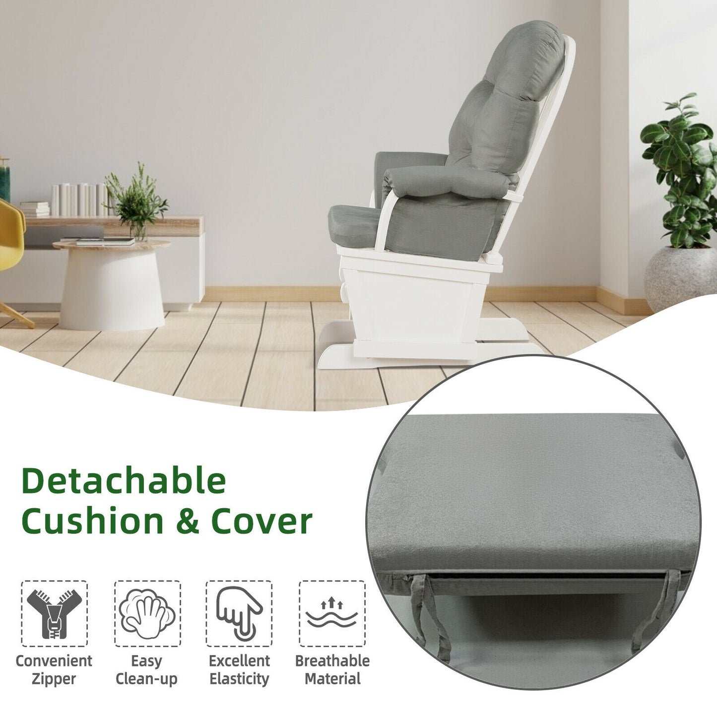 Wood Baby Glider Ottoman Set, Padded Armrests, Light Gray Recliners at Gallery Canada