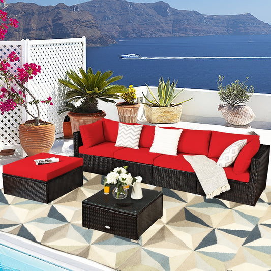 6 Pieces Outdoor Patio Rattan Furniture Set Sofa Ottoman, Red Outdoor Sectionals Red at Gallery Canada