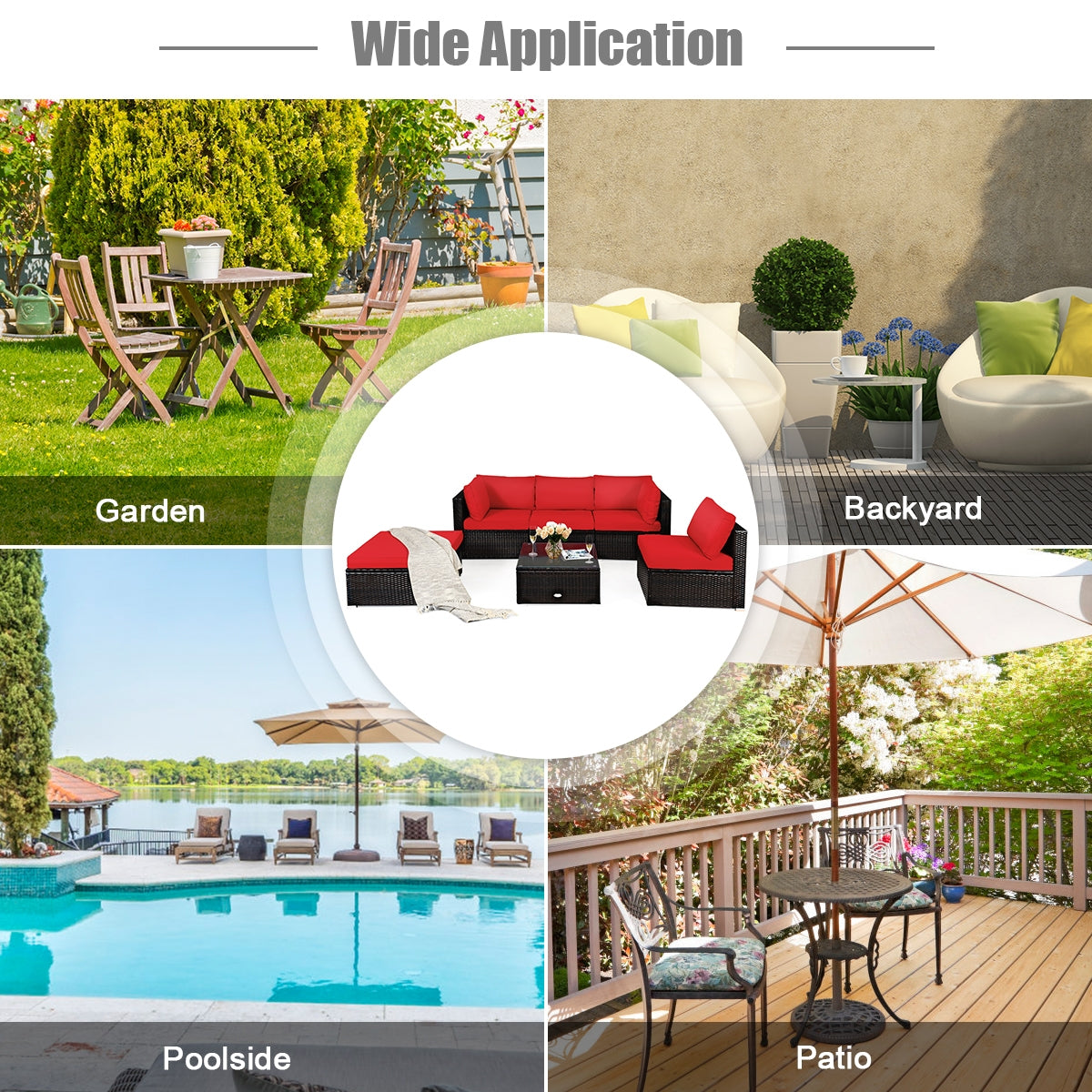 6-Piece Outdoor Patio Rattan Furniture Set, Sofa Ottoman, Red Outdoor Sectionals at Gallery Canada