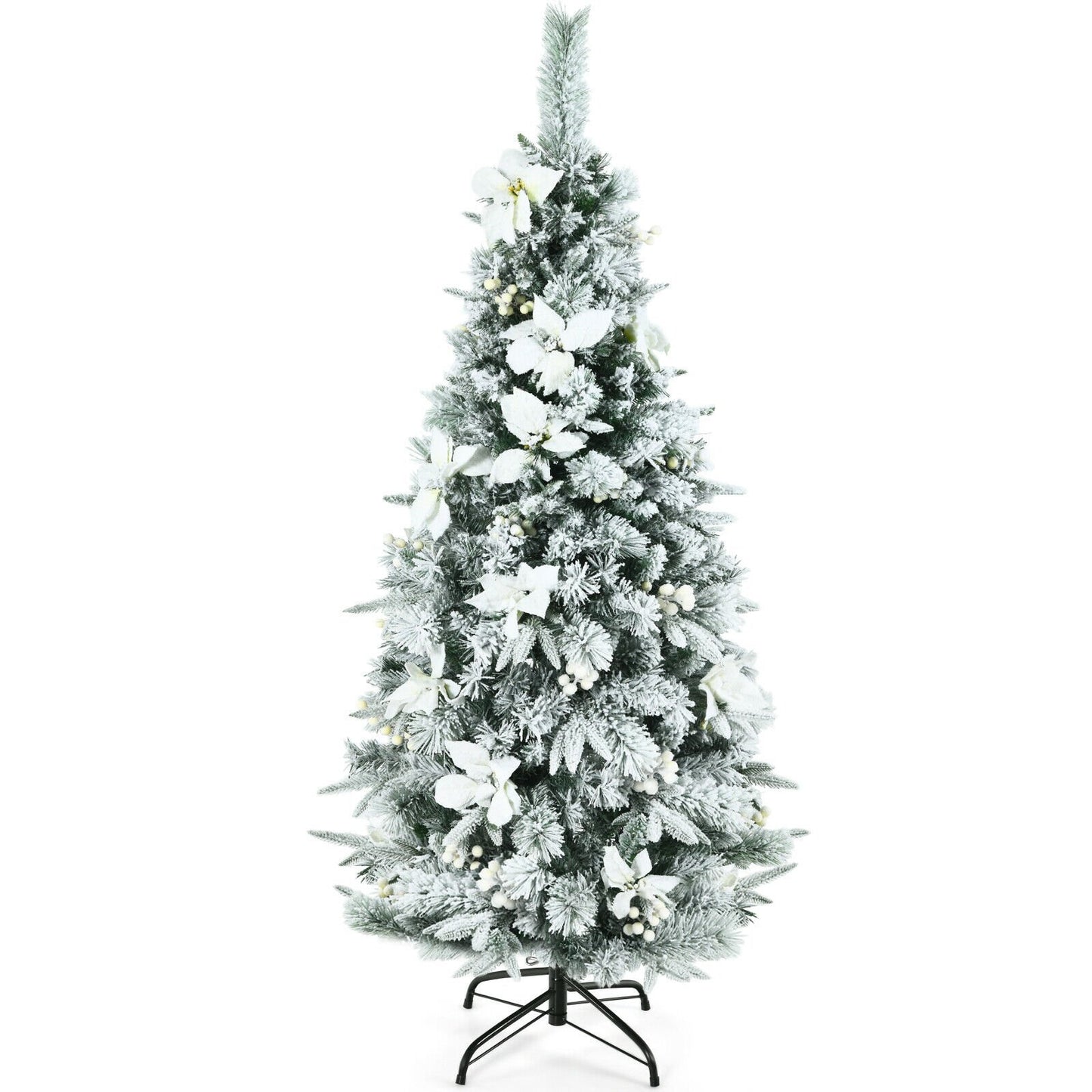 Pre-lit Snow Flocked Christmas Tree with Berries and Poinsettia Flowers-5', White at Gallery Canada