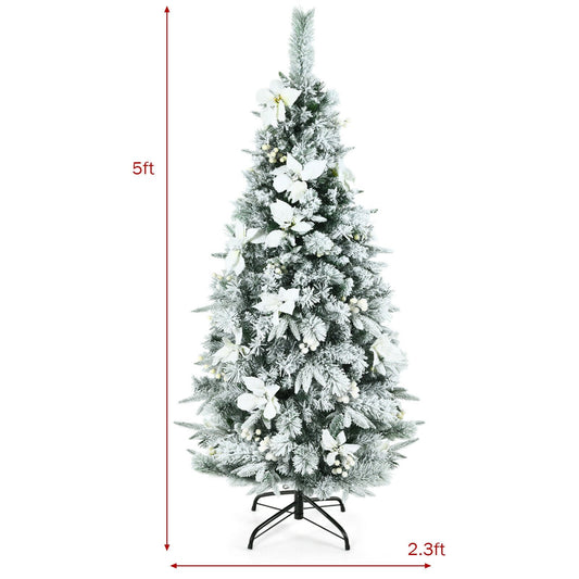 Pre-lit Snow Flocked Christmas Tree with Berries and Poinsettia Flowers-5', White