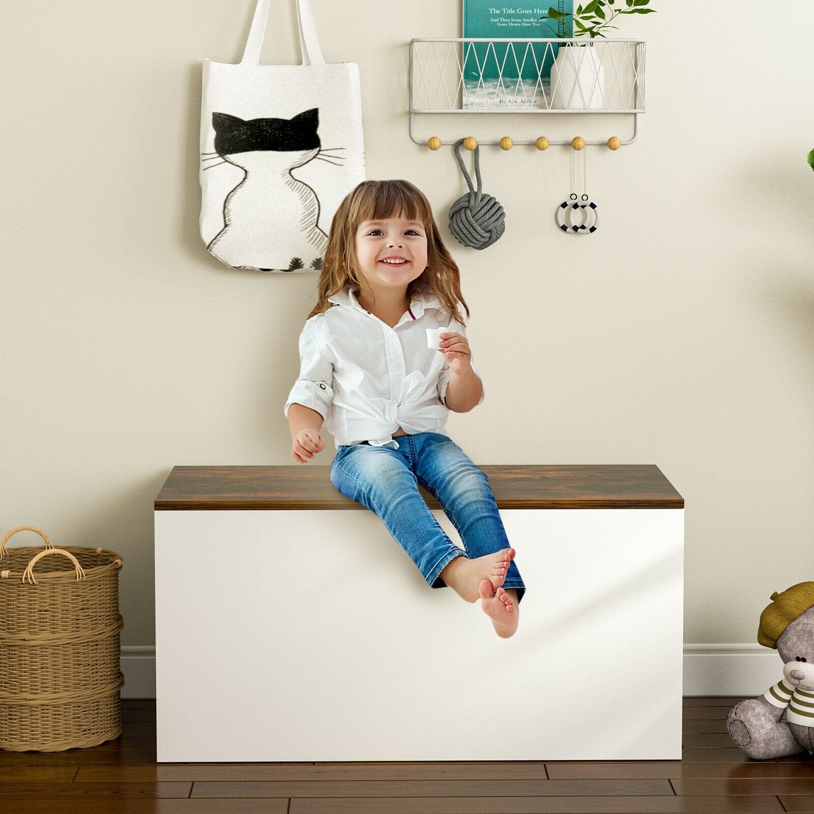 Flip-top Storage Chest with Self-hold Cover and Pneumatic Rod, White at Gallery Canada