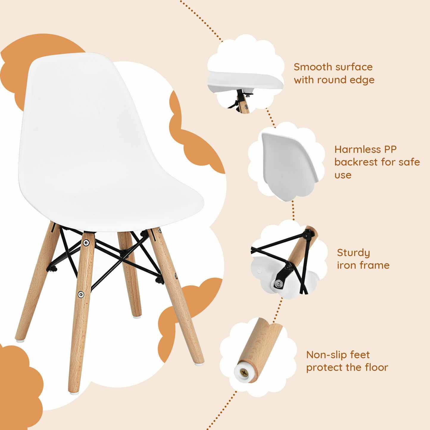 Ensemble de chaises pour enfants de style médiéval 4 pièces avec pieds en bois, blanc