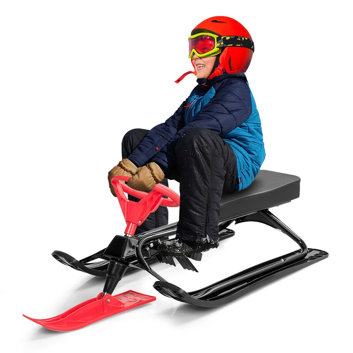 Kids Snow Sand Grass Sled w/ Steering Wheel and Brakes, Red