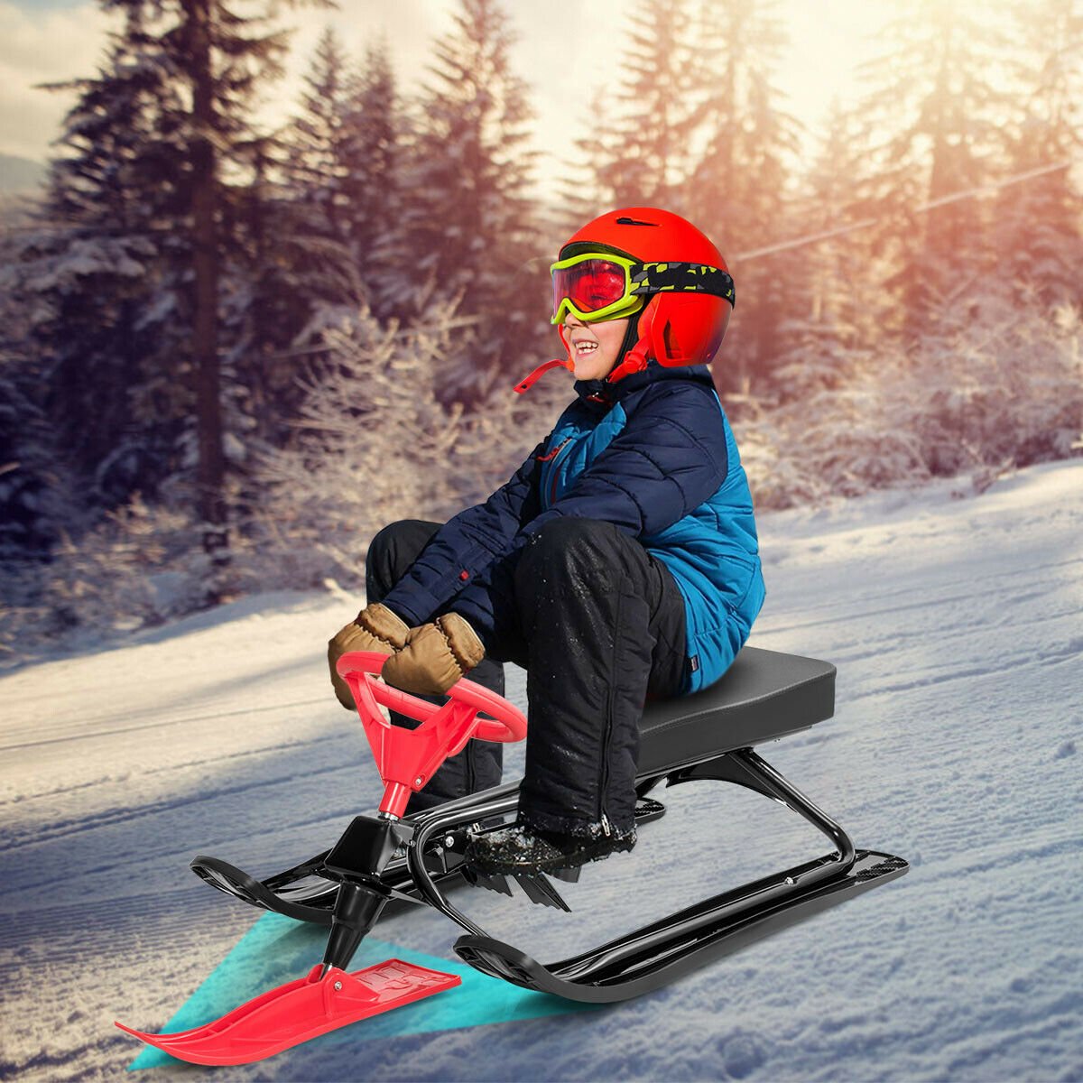 Kids Snow Sand Grass Sled w/ Steering Wheel and Brakes, Red at Gallery Canada