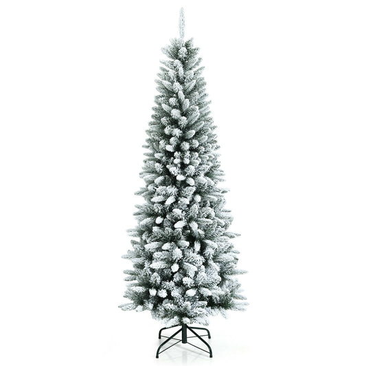 Snow-Flocked Hinged Artificial Christmas Pencil Tree with Mixed Tips-6.5 ft, White