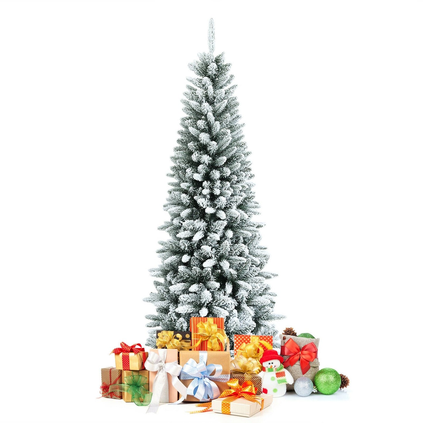 Snow-Flocked Hinged Artificial Christmas Pencil Tree with Mixed Tips-6.5 ft, White at Gallery Canada
