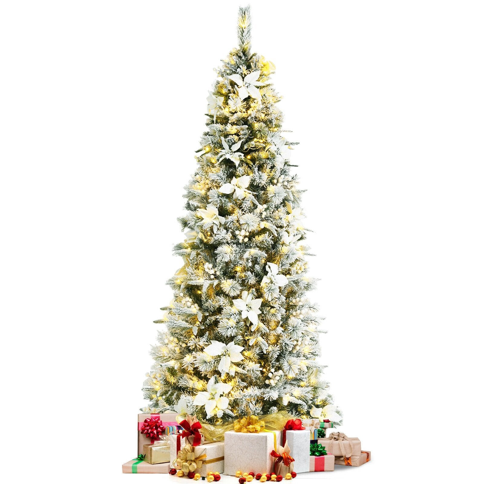 Pre-lit Snow Flocked Christmas Tree with Berries and Poinsettia Flowers-7', White at Gallery Canada
