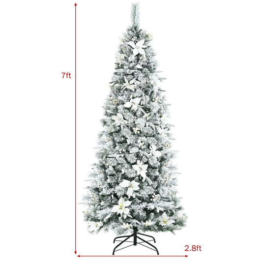 Pre-lit Snow Flocked Christmas Tree with Berries and Poinsettia Flowers-7', White