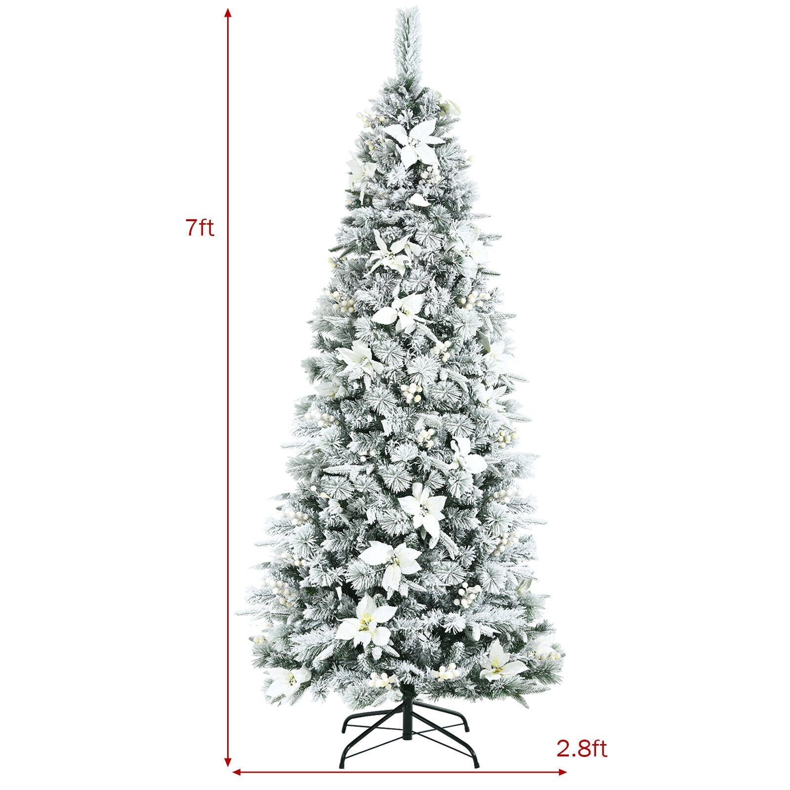 Pre-lit Snow Flocked Christmas Tree with Berries and Poinsettia Flowers-7', White at Gallery Canada