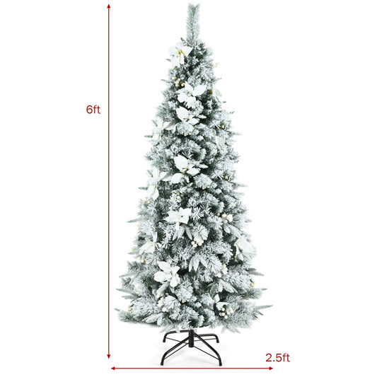 Pre-lit Snow Flocked Christmas Tree with Berries and Poinsettia Flowers-6', White