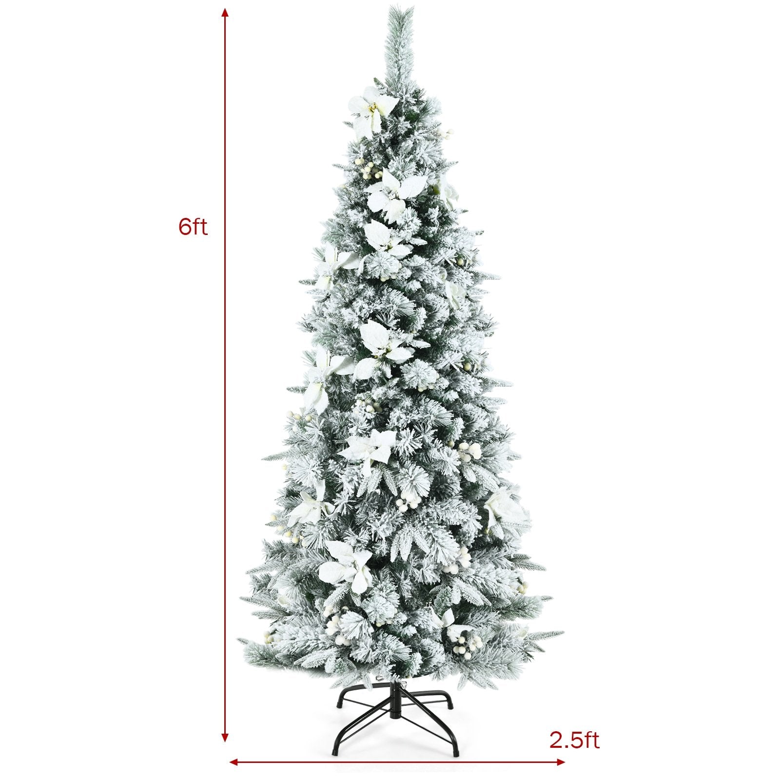 Pre-lit Snow Flocked Christmas Tree with Berries and Poinsettia Flowers-6', White at Gallery Canada