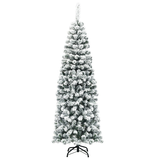 6 Feet Unlit Hinged Snow Flocked Artificial Pencil Christmas Tree with 500 Branch Tip, Green
