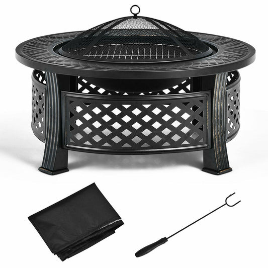 Outdoor Fire Pit with BBQ Grill and High-temp Resistance Finish, Black