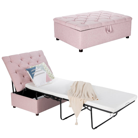 Folding Ottoman Sleeper Bed with Mattress for Guest Bed and Office Nap, Pink