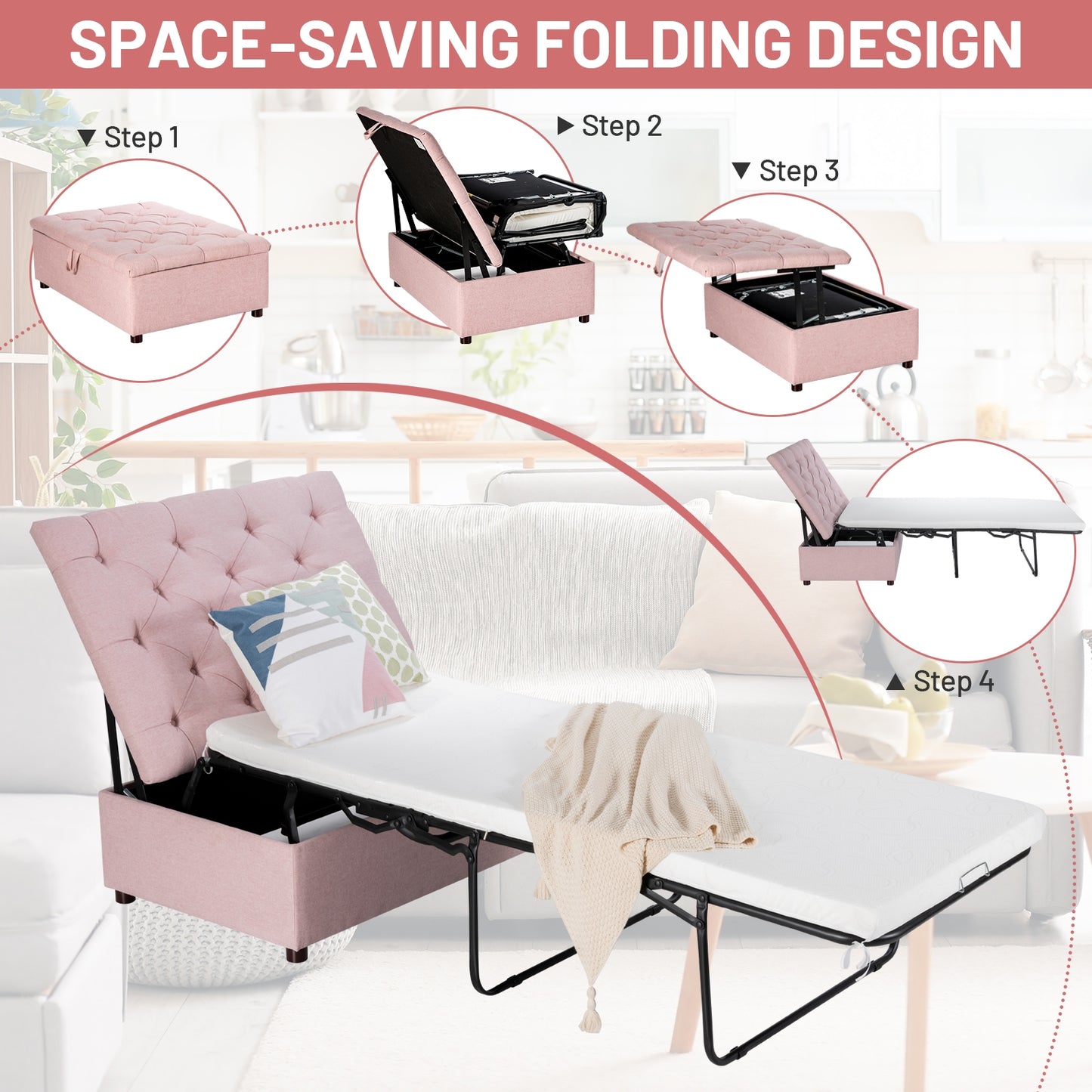 Folding Ottoman Sleeper Bed with Mattress for Guest Bed and Office Nap, Pink Folding Beds at Gallery Canada