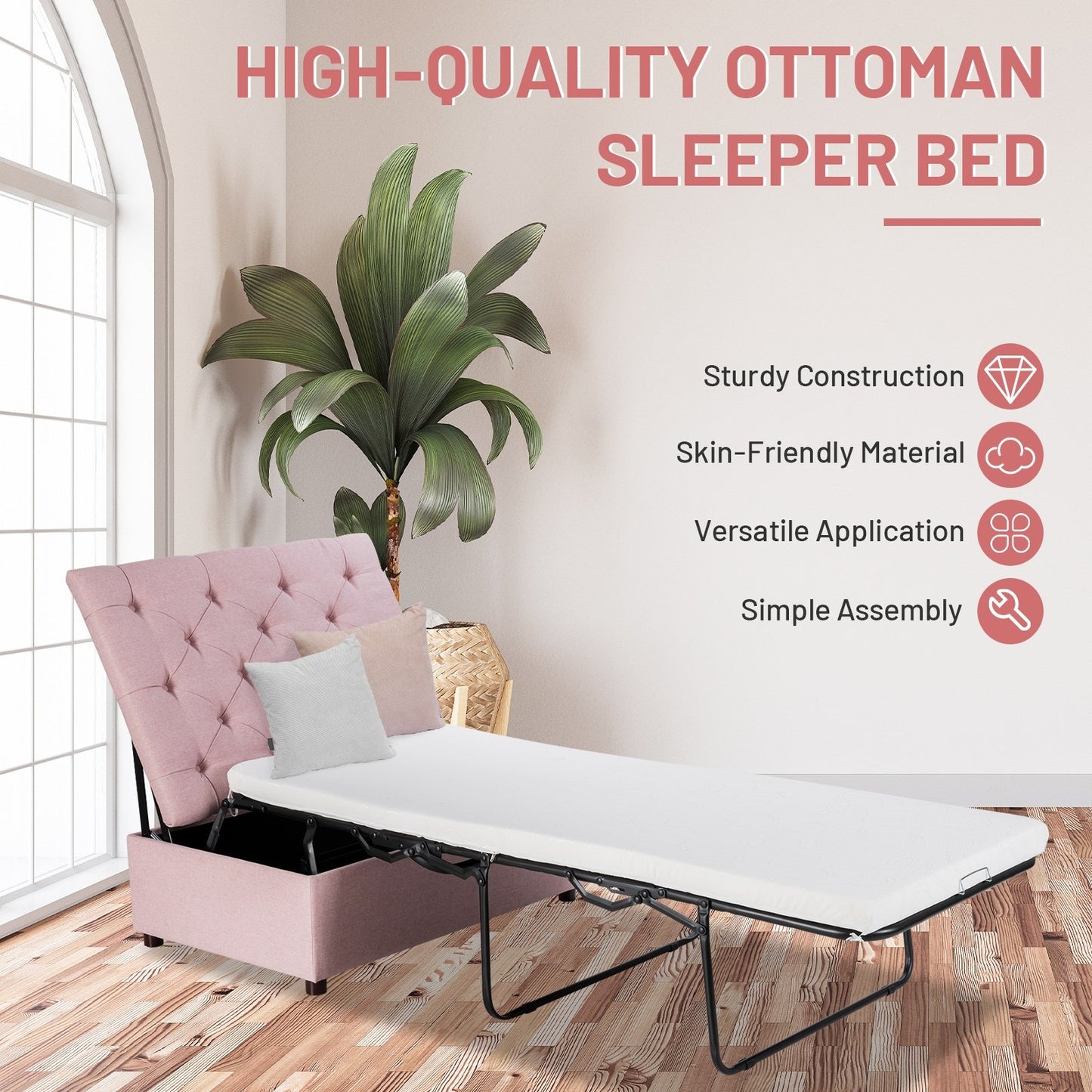 Folding Ottoman Sleeper Bed with Mattress for Guest Bed and Office Nap, Pink at Gallery Canada