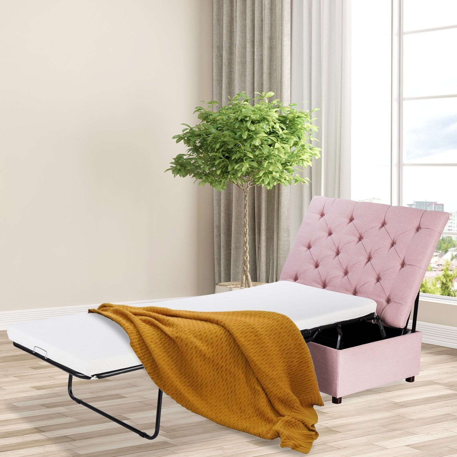 Folding Ottoman Sleeper Bed with Mattress for Guest Bed and Office Nap, Pink at Gallery Canada