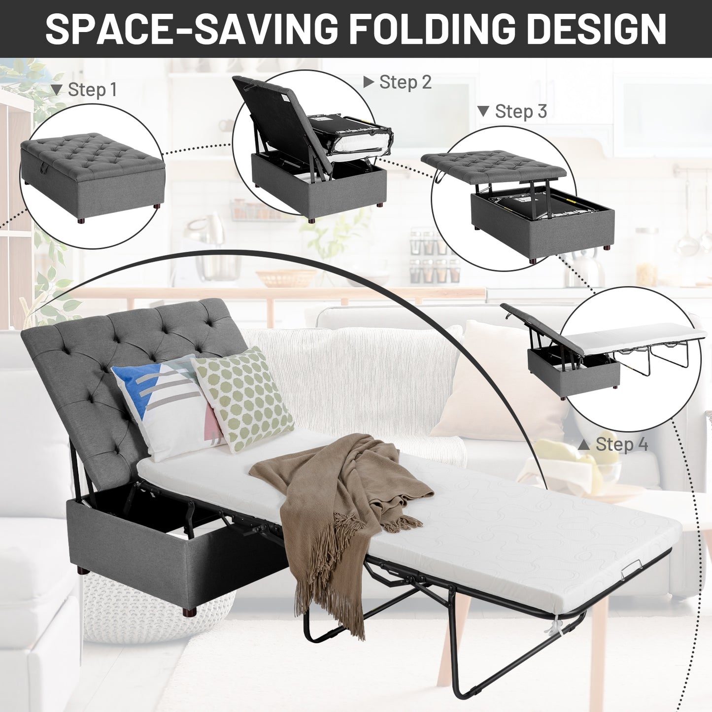 Folding Ottoman Sleeper Bed With Mattress, Gray