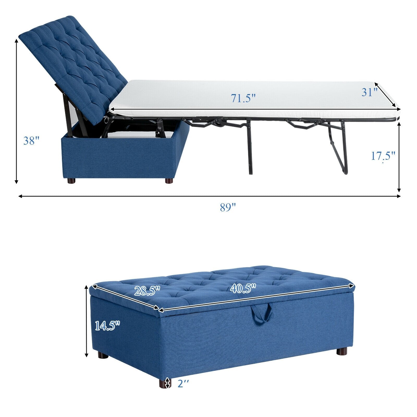 Folding Ottoman Sleeper Bed with Mattress for Guest Bed and Office Nap, Blue at Gallery Canada