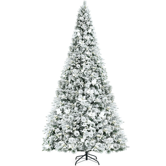 8 Feet Snow Flocked Hinged Christmas Tree with Berries and Poinsettia Flowers, White at Gallery Canada