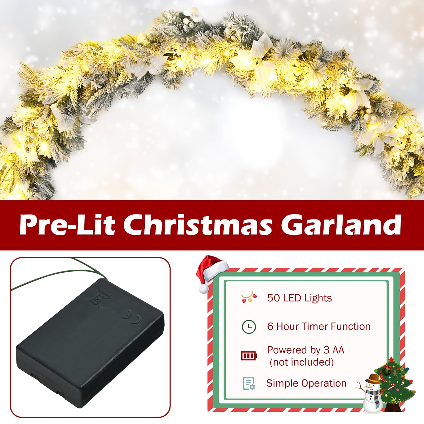 9 Feet Pre-Lit Artificial Christmas Garland, 50 LED Lights, White Christmas Decor & Accessories at Gallery Canada