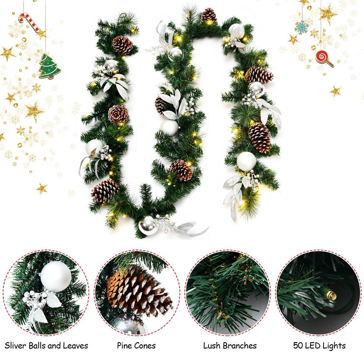 9 Feet Pre-Lit Artificial Christmas Garland with LED Lights, Green Christmas Decor & Accessories at Gallery Canada