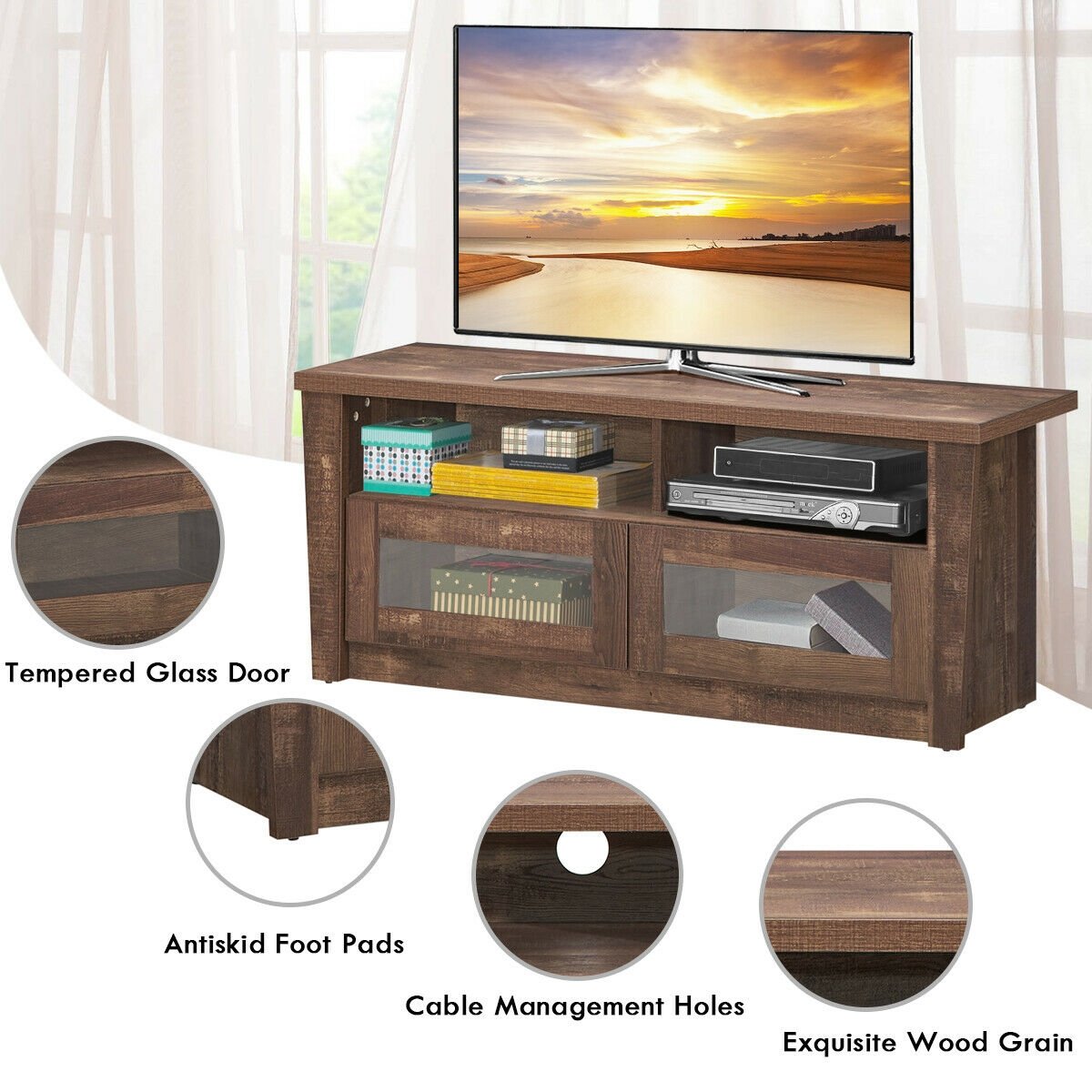 Wooden TV Stand with 2 Open Shelves and 2 Door Cabinets, Coffee at Gallery Canada