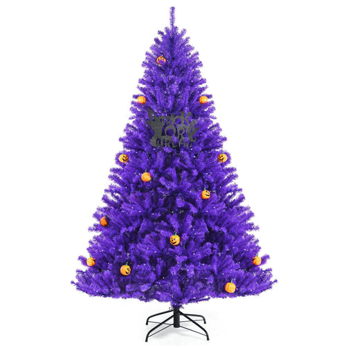 Artificial Prelit Purple Halloween Tree with Orange Lights and Pumpkin Ornaments-7', Purple
