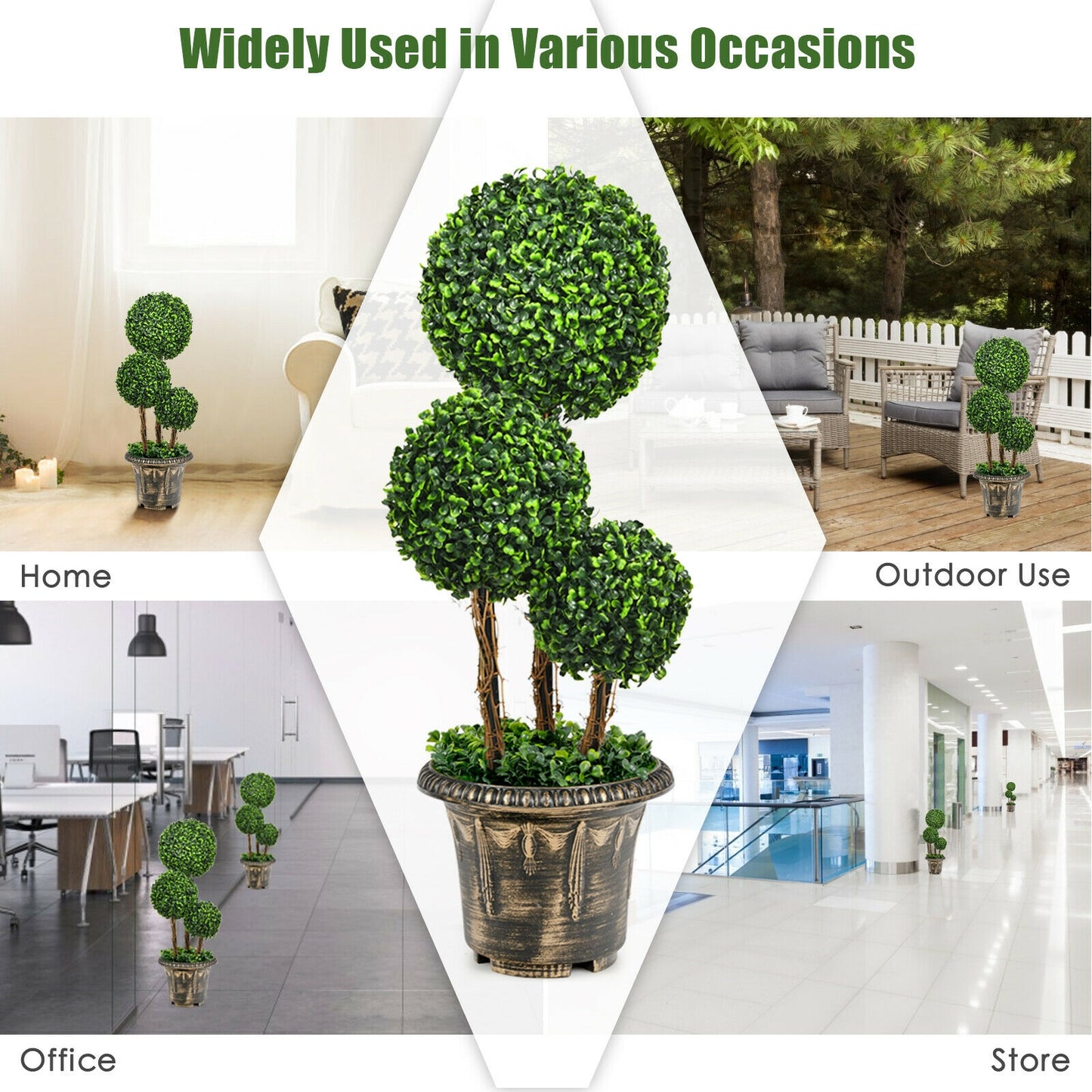 30 Inch Artificial Topiary Triple Ball Tree, Indoor Outdoor UV Protection, Green