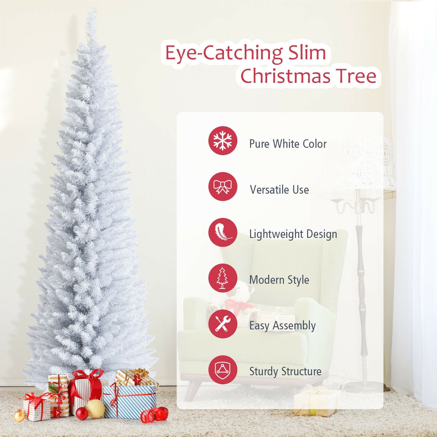 7 Feet Unlit Artificial Slim Christmas Pencil Tree with Metal Stand, White Christmas Tree at Gallery Canada