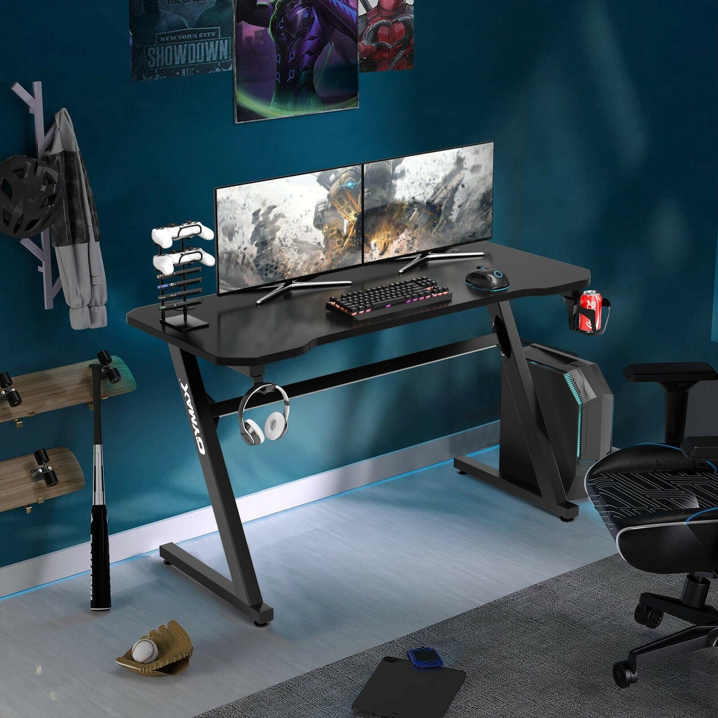 Gaming Desk Z-Shaped Computer Office Table with Gaming Handle Rack, Black at Gallery Canada