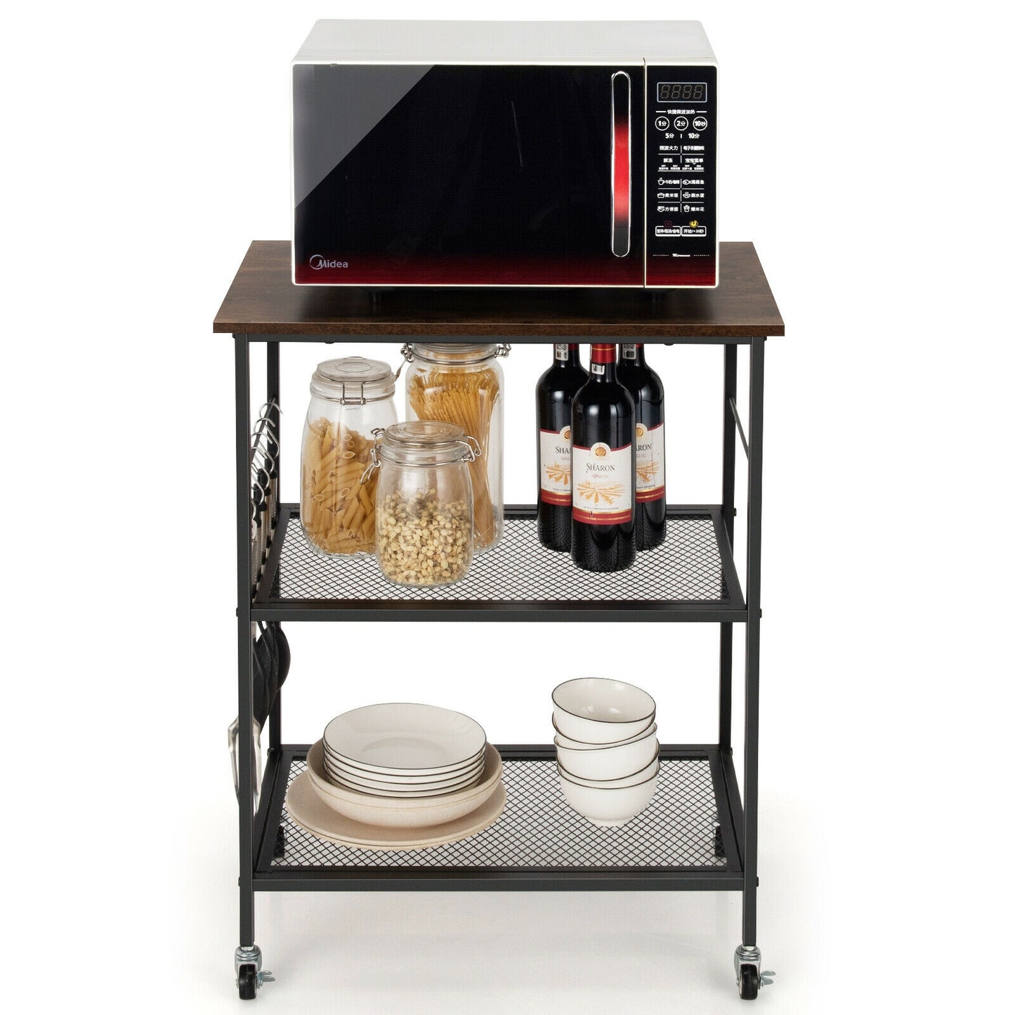 3-Tier Kitchen Serving Cart, Microwave Rack With Hooks, Brown