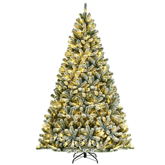 8 Feet Pre-lit Snow Flocked Christmas Tree with Tips and Metal Stand-8 ft, Green at Gallery Canada