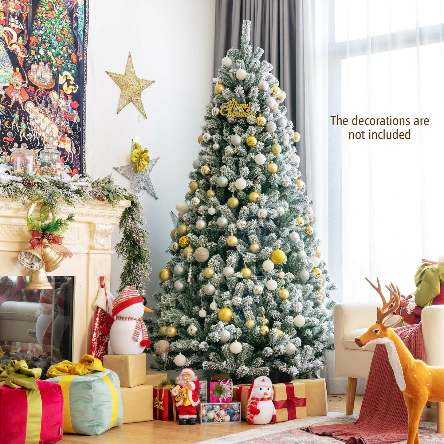 7 ft Pre-Lit Snow Flocked Hinged Christmas Tree, 1116 Tips, Metal Stand, Green Christmas Tree at Gallery Canada