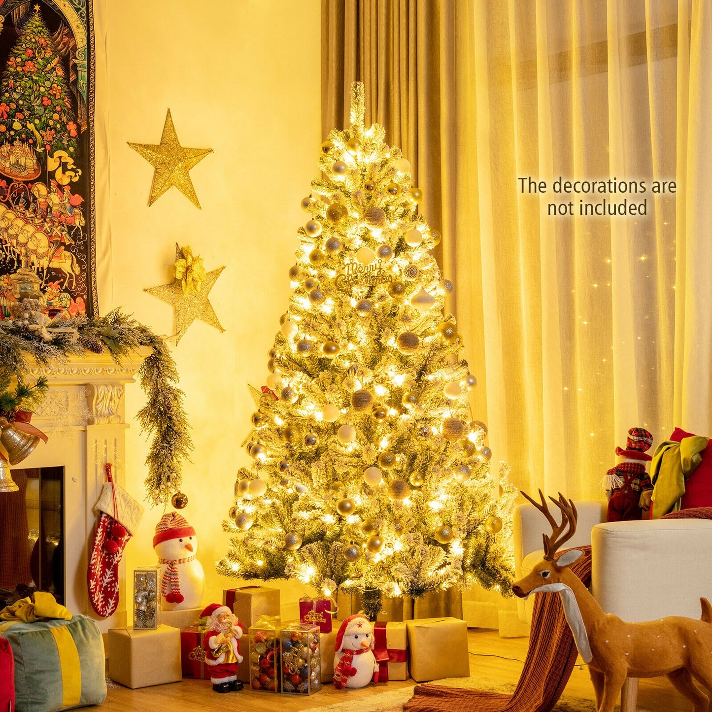 6 ft Pre-Lit Snow Flocked Hinged Christmas Tree, 928 Tips, Metal Stand, Green Christmas Tree at Gallery Canada