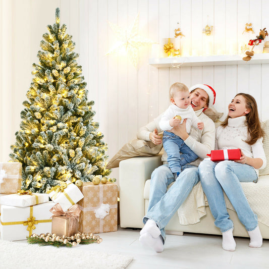 6 ft Pre-Lit Snow Flocked Hinged Christmas Tree, 928 Tips, Metal Stand, Green Christmas Tree Green at Gallery Canada